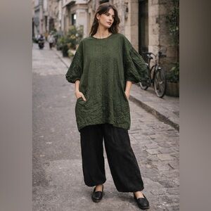 Alembika Urban Taffeta Pinstripe Tunic Top M Green Lagenlook Oversized Cabaret